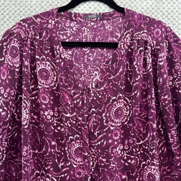 NYDJ Top Women 1X Purple Floral Hidden Button Up 3/4 Sleeve Notch V-Neck Boho - Picture 3 of 16